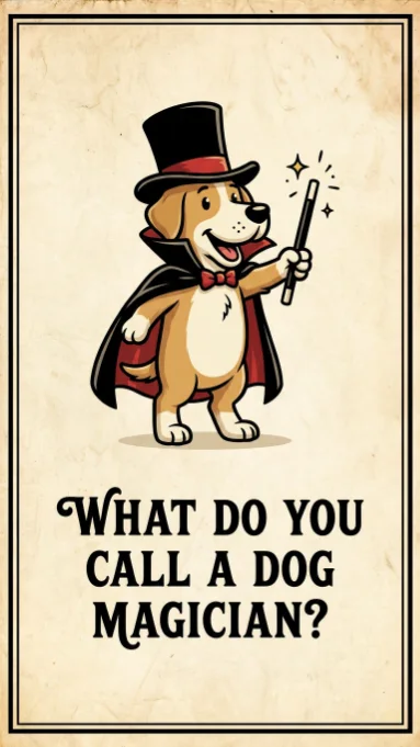 Cartoon dog wearing black top hat and red cape holding magic wand with sparkles
