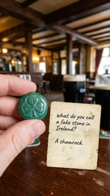 Hand holding green shamrock stone next to card with Ireland shamrock joke in pub setting
