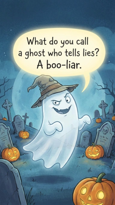 Cartoon ghost wearing witch hat in graveyard with jack o lanterns and speech bubble saying boo liar joke
