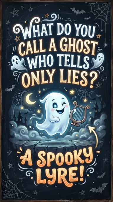 Cute ghost holding a lyre harp on dark background with stars and text asking what do you call a ghost who tells only lies answer a spooky lyre