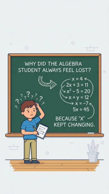 Confused student scratching head in front of chalkboard with algebra equations and joke text
