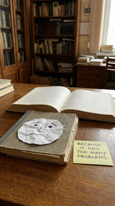 Book with sad paper face and note saying because it had too many problems on library table