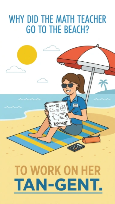 Math teacher sitting on beach towel with notebook labeled tangent under umbrella with ocean background
