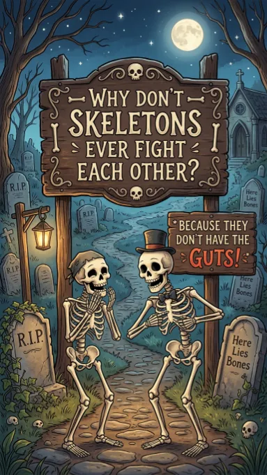Two skeletons standing in a graveyard at night with signs displaying a Halloween joke about not having the guts
