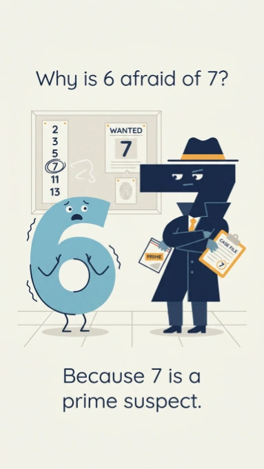 Cartoon number 6 looking scared next to number 7 dressed as a detective with wanted poster and prime suspect joke text
