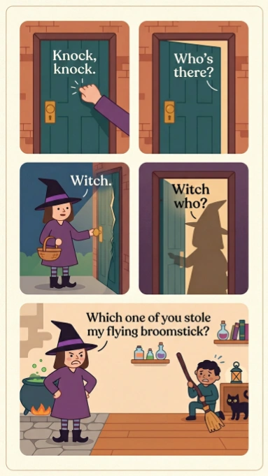 Comic strip panels showing knock knock joke witch who who stole my flying broomstick with boy holding broom