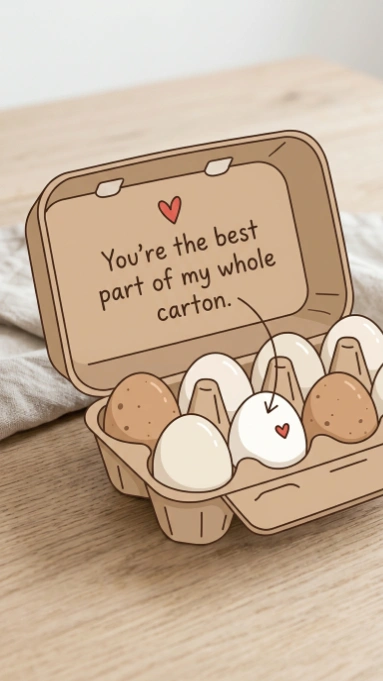Illustrated egg carton with heart and message you're the best part of my whole carton with arrow pointing to one white egg
