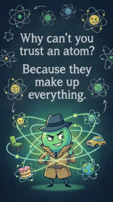 Green atom character dressed as detective surrounded by atoms and objects with science joke text on chalkboard background
