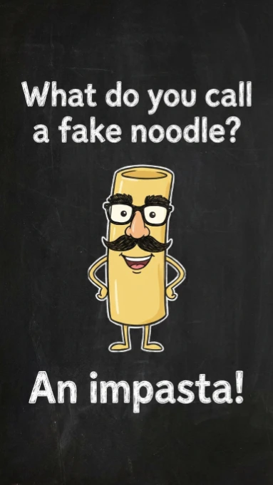 Cartoon pasta character with glasses and mustache on chalkboard with impasta joke text
