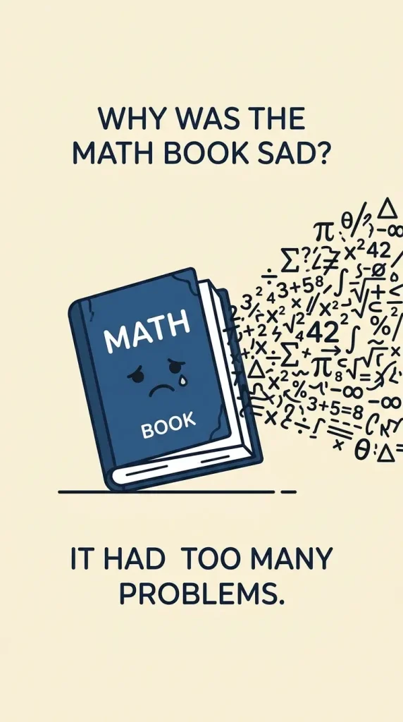 Blue math book with a sad face and math symbols floating out with joke text
