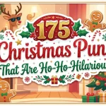 Christmas scene with reindeer in sunglasses gingerbread men elf and decorated tree with text 175 Christmas Puns That Are Ho Ho Hilarious