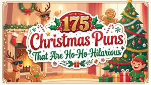 Christmas scene with reindeer in sunglasses gingerbread men elf and decorated tree with text 175 Christmas Puns That Are Ho Ho Hilarious