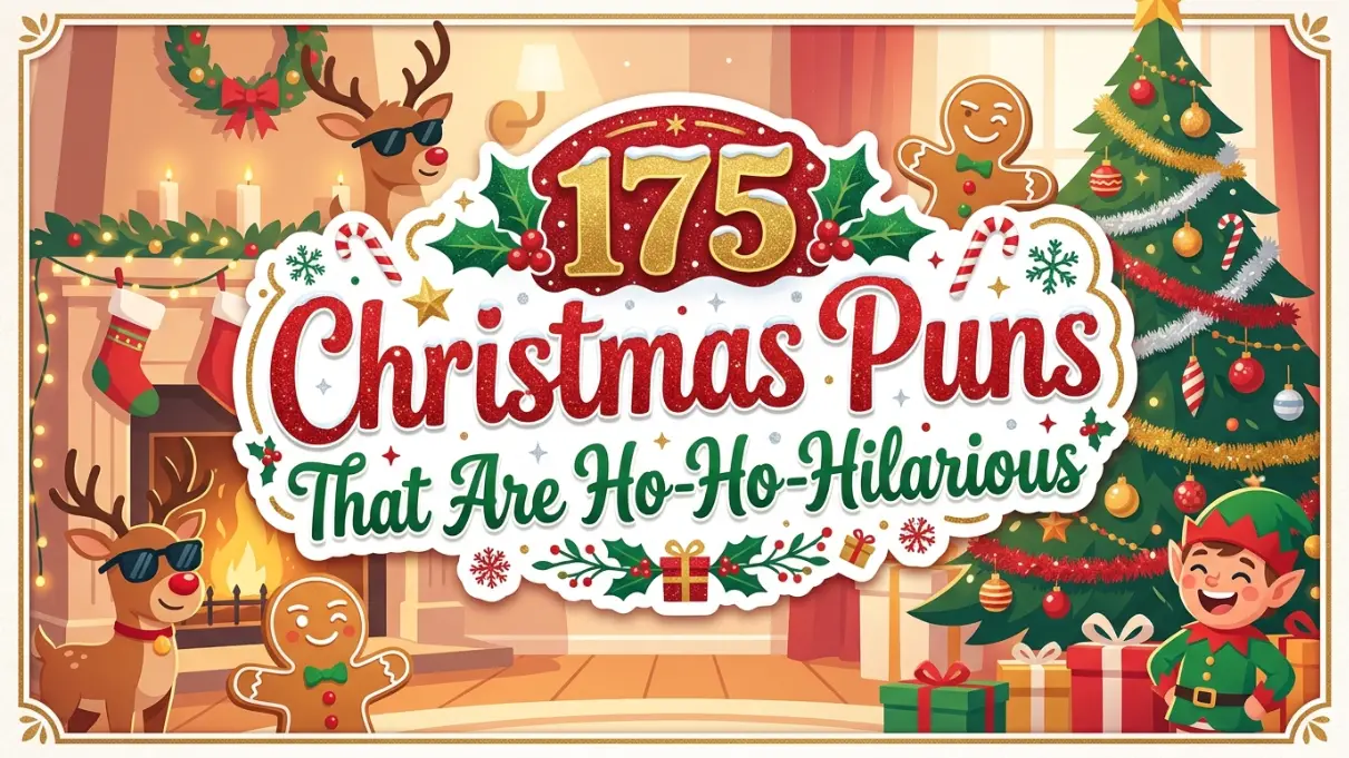 Christmas scene with reindeer in sunglasses gingerbread men elf and decorated tree with text 175 Christmas Puns That Are Ho Ho Hilarious