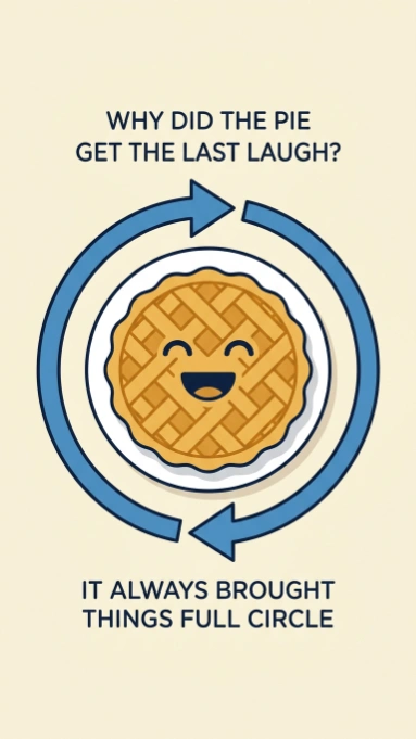Lattice pie with smiling face surrounded by blue circular arrows with pie joke text