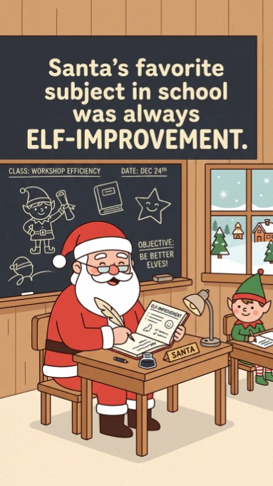 Santa Claus sitting at wooden desk in classroom with elf student and chalkboard displaying elf improvement joke