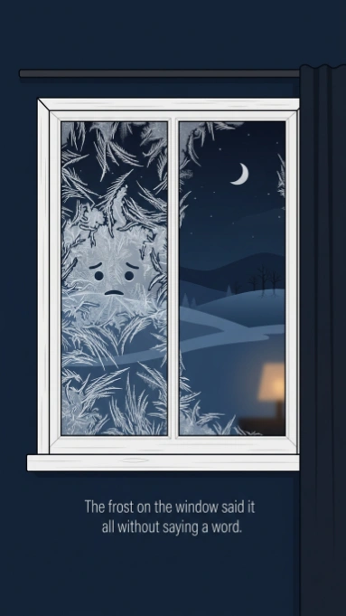 Window with frost patterns forming sad face on left pane and night sky with crescent moon on right pane showing winter scene