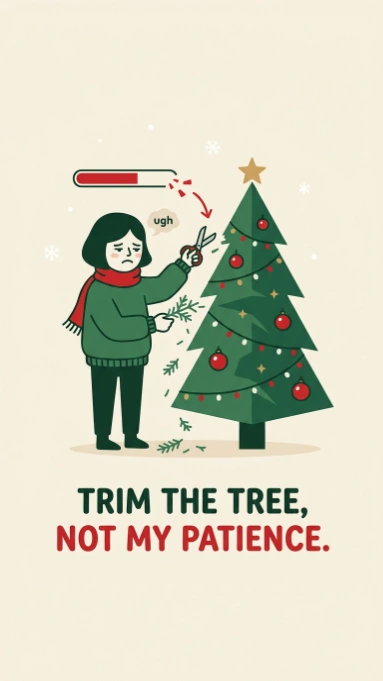 Frustrated person in green sweater cutting Christmas tree branches with red low patience bar above head