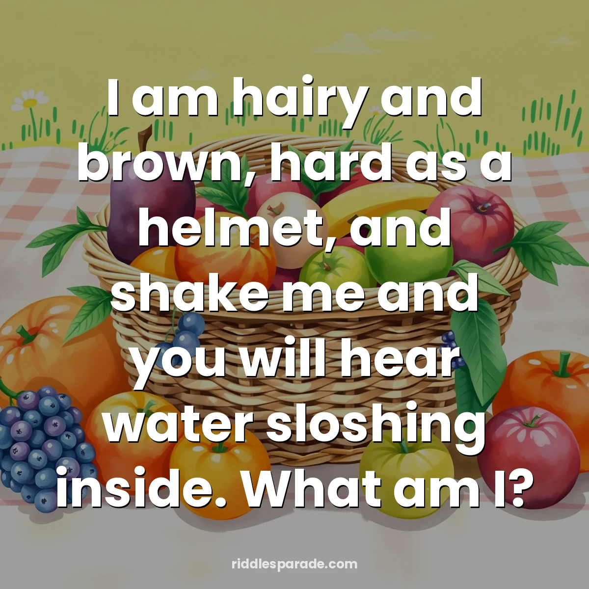 I am hairy and brown, hard as a helmet, and shake me and you will hear water sloshing inside. What am I?