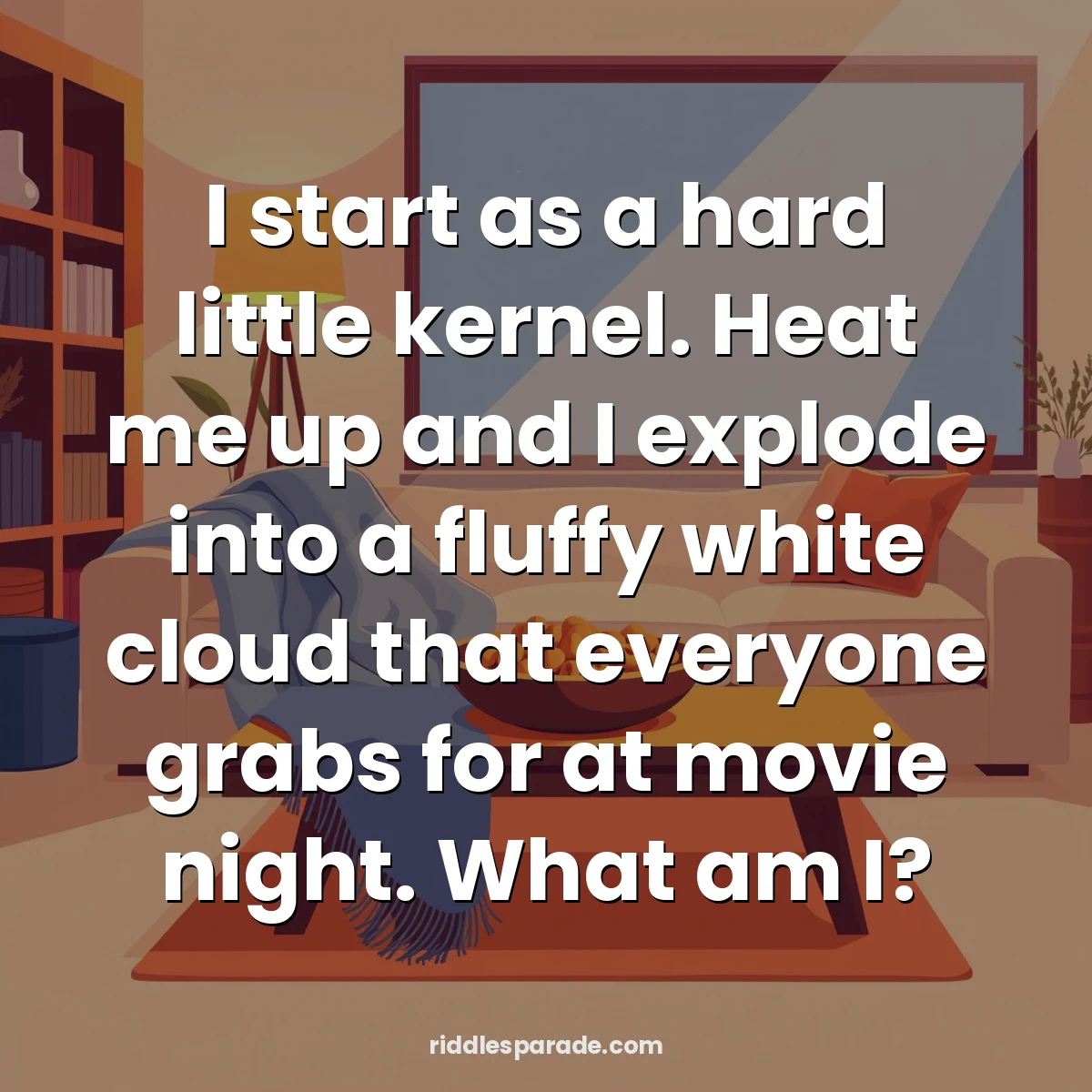 I start as a hard little kernel. Heat me up and I explode into a fluffy white cloud that everyone grabs for at movie night. What am I?